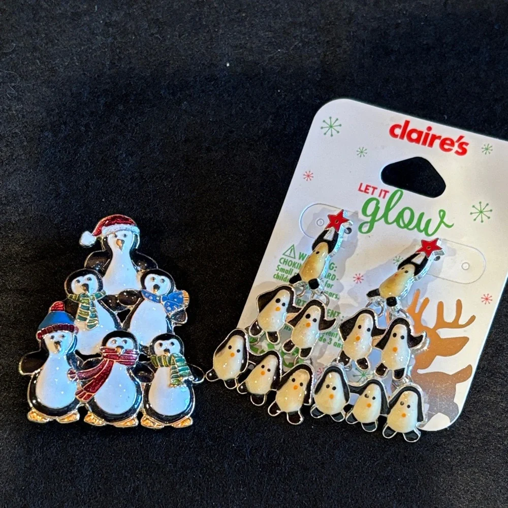 Claire's Holiday Penguin Earring Set - Black, White, Red - Picture 6 of 6